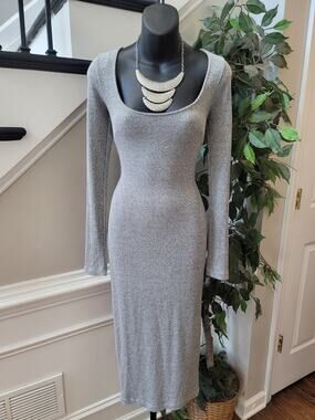 JLUXLABEL Bodycon Dress Women's Size Large Grey Square Neck Long Sleeves